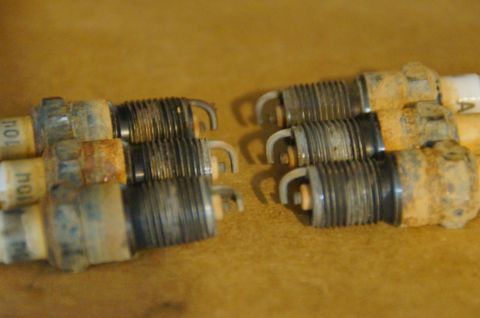 1998 Ford Ranger - A set of six used spark plugs, showing signs of wear and corrosion, are laid out on a textured surface.