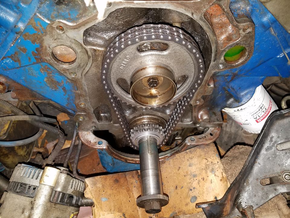 Close-up of engine timing chain and gears, blue engine block, Motorcraft oil filter