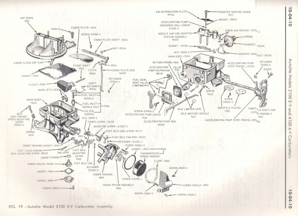 Diagram of Autolite Model 2100 2-V Carburetor assembly with part labels.