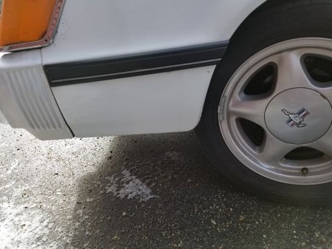 2001 Ford Crown Victoria - Photograph of a white vehicle's rear quarter panel, side trim molding, and alloy wheel; not a technical document.