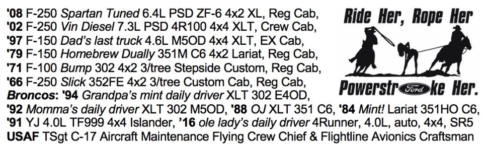 Forum signature graphic listing Ford truck and Bronco specs with a roping logo