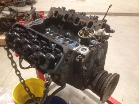 1979 Ford Bronco - Engine block with valve covers removed, suspended by a chain over a yellow bucket, with a water pump pulley visible.