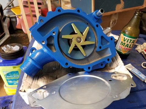 1976 Ford Ranchero - A blue water pump with a gold impeller and gasket is shown, alongside a bottle of Vita Malt Classic.