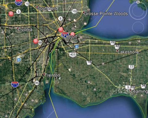 1971 Ford Ranchero - A satellite view shows the Detroit metropolitan area, including major highways and surrounding communities.