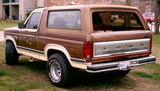 Brown 1980 Ford Bronco rear 3/4 view with chrome tailgate panel
