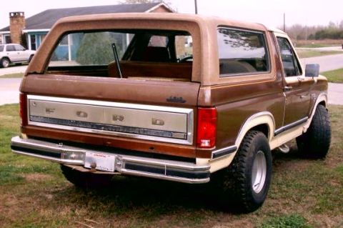 1980 Ford Bronco - Rear view of a 1980 Ford Bronco, showing its brown exterior and tan trim.