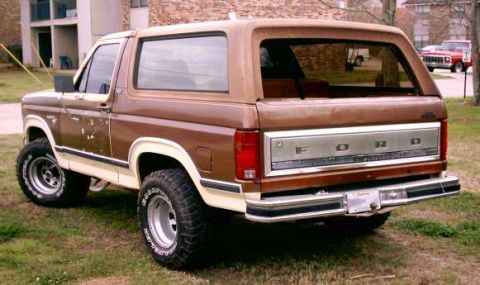 1980 Ford Bronco - This 1980 Ford Bronco is shown from the rear, its iconic body style and off-road modifications.