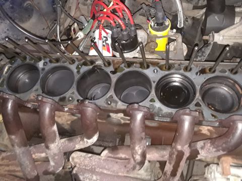 1985 Ford Bronco - Close-up view of an engine block's cylinders and exhaust manifold, with spark plug wires connected.