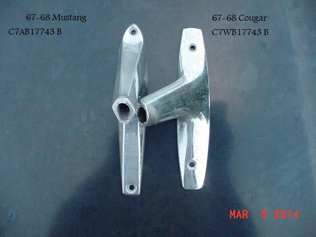 Two chrome car door handles, one labeled 67-68 Mustang C7AB17743 B, the other 67-68 Cougar C7WB17743 B