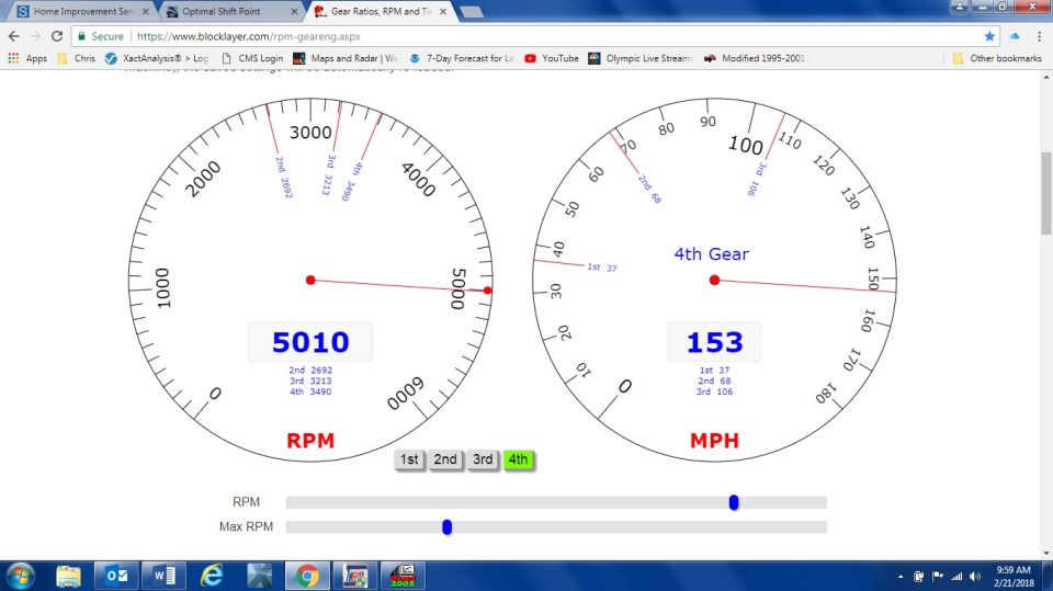 Screenshot of a gear ratio calculator with RPM and MPH gauges.