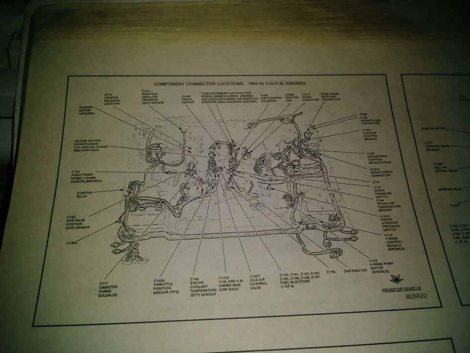 Diagram of 1993-95 Ford 5.0L/5.8L engine component connector locations.