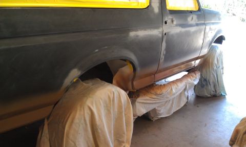 1995 Ford Bronco - Bronco body is masked and prepped for a new paint job.