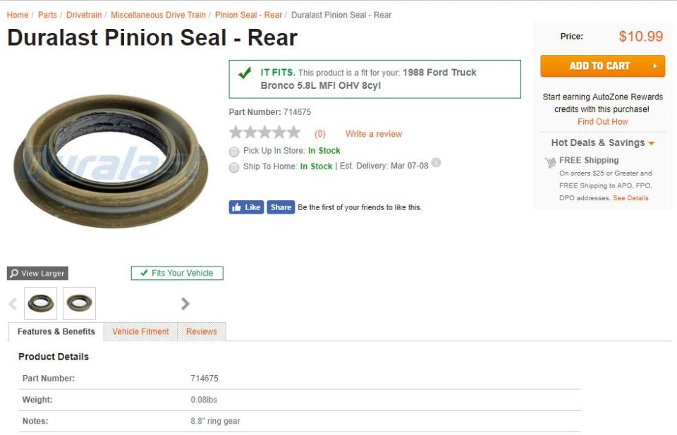 Duralast pinion seal for rear axle