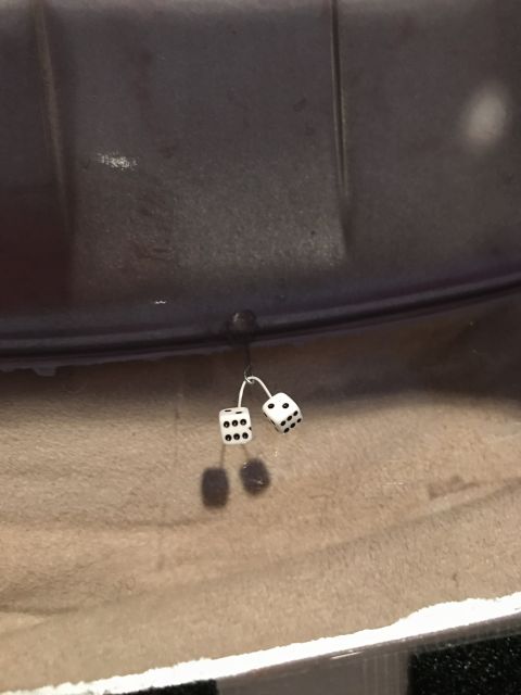 1989 Ford Bronco - Dice hanging from the rearview mirror inside a car.