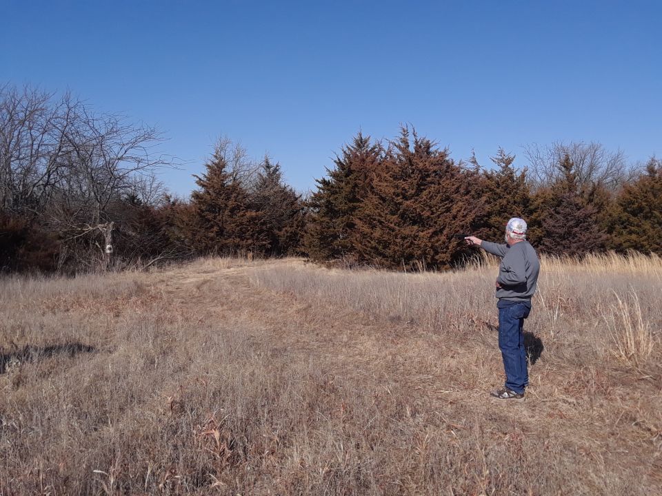 Man pointing in a dry field with trees and blue sky