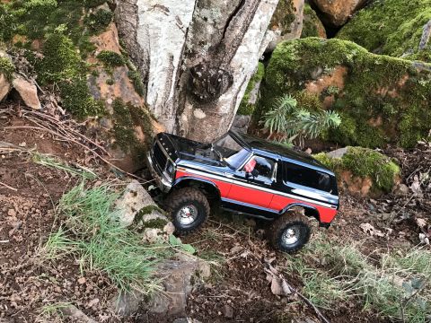 1989 Ford Bronco - A remote-controlled toy Bronco navigates a rocky, wooded terrain.