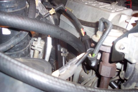 1995 Ford Bronco - This is a close-up, angled shot of a vehicle's engine bay, focusing on various hoses, wires, and mechanical components. The image highlight…