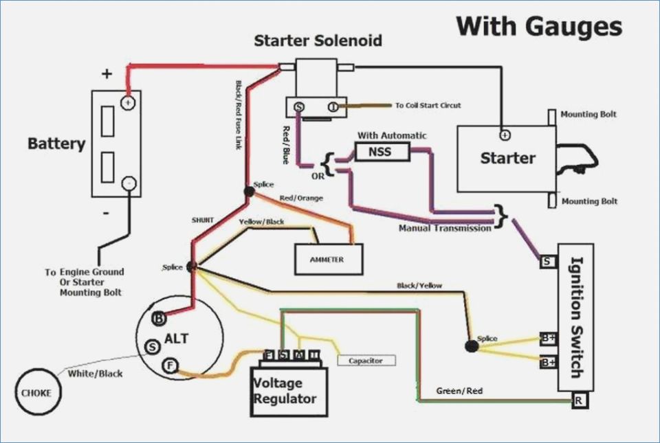 Wiring diagram 'With Gauges' showing battery, alternator, starter solenoid and ignition switch with color-coded wires