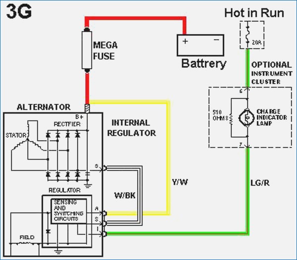 3G alternator wiring diagram with mega fuse, battery, internal regulator and charge indicator lamp