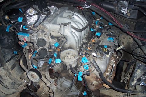 1995 Ford Bronco - A close-up view of a Ford V8 engine with various electrical connectors and fuel injectors marked with blue tape and handwritten numbers. Th…