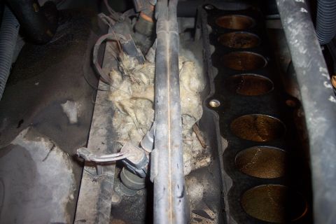 1995 Ford Bronco - A close-up view of a dirty engine bay, showing a portion of the intake manifold with visible gasket material and some insulation or debris…