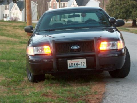 2001 Ford Crown Victoria - A black 2001 Ford Crown Victoria Police Interceptor is parked on a grassy shoulder with its front lights flashing.