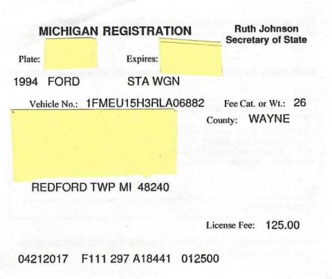 1996 Ford Bronco - This document is a Michigan vehicle registration for a 1994 Ford.