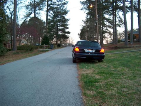 2001 Ford Crown Victoria - Rear view of a dark 2001 Ford Crown Victoria parked on a residential street with trees and houses in the background.