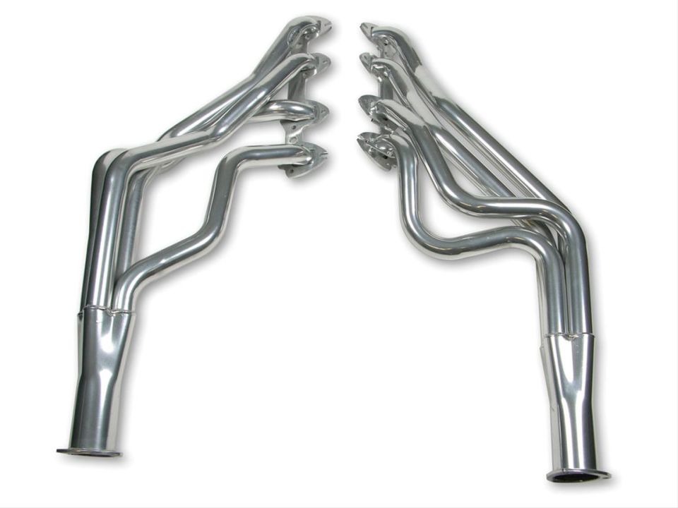 Pair of shiny chrome exhaust headers for a car engine