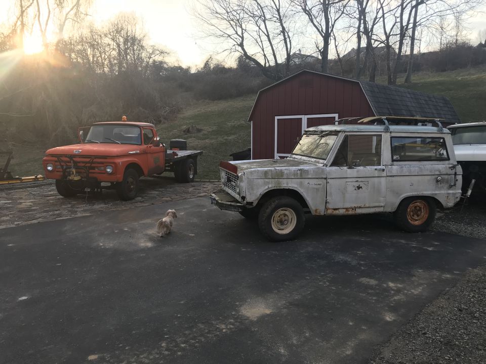White Ford Bronco and orange flatbed truck parked outside a red barn. A small dog is in the foreground