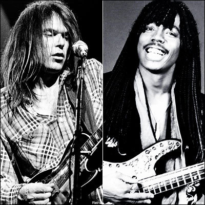 1967 Ford Custom Wagon - Split image shows musicians Neil Young and Rick James performing with their guitars.