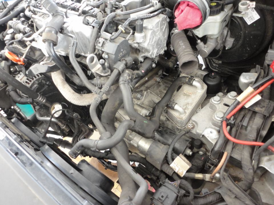 Close-up of a diesel engine bay with hoses, wiring, and turbocharger.