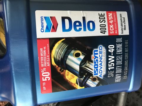 1997 Dodge 3500 - Chevron Delo 400 SDE 15W-40 heavy duty diesel engine oil is shown in a blue jug.