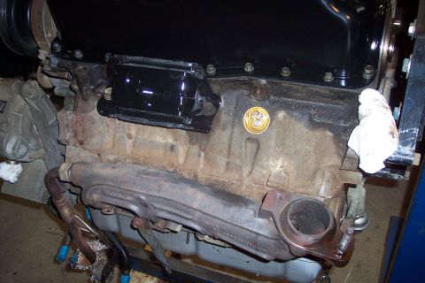 1995 Ford Bronco - Close-up of an engine block and exhaust manifold, with a gold emblem on the side.