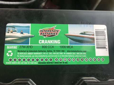 1997 Dodge 3500 - Label on Interstate Batteries marine cranking battery with model 27M-XHD.
