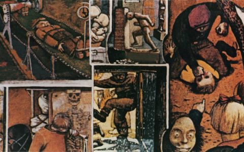 1967 Ford Custom Wagon - This mural displays a complex narrative with multiple figures and symbolic elements, including a skeleton and a weighing scale.