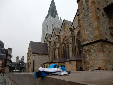2010 Audi A4 - A stone church with a green spire covered in scaffolding is seen on an overcast day.