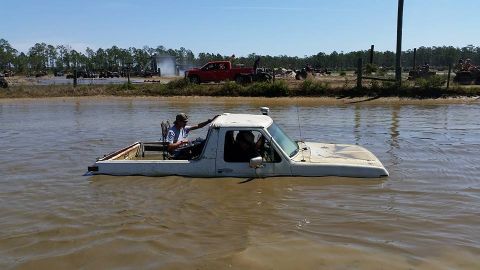 1988 Ford Bronco - A white pickup truck navigates through muddy water at a mud park, with other vehicles visible in the background.