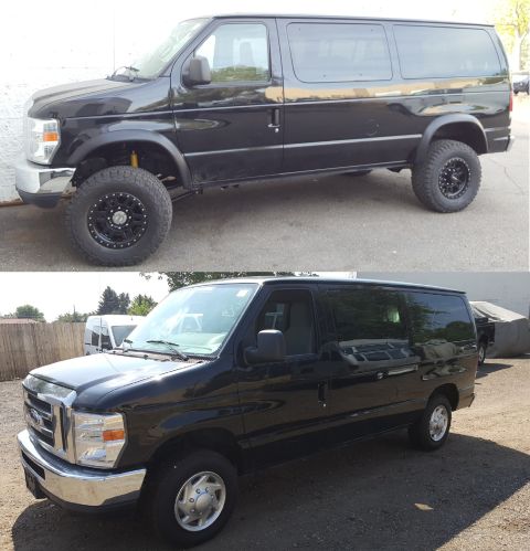 1996 Ford Bronco - Two black Ford E-Series vans are shown, one stock and one modified with off-road tires and a lifted suspension.