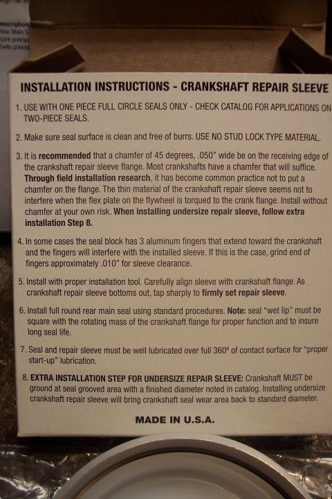 1995 Ford Bronco - Crankshaft repair sleeve installation instructions (one-piece full-circle seals): 45-degree .050 in chamfer recommendation, .010 in finger…