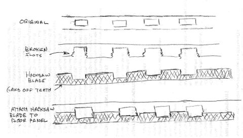 1996 Ford Bronco - Hand-drawn DIY service sketch illustrating how to repair broken door-panel slots by grinding and attaching a hacksaw blade.