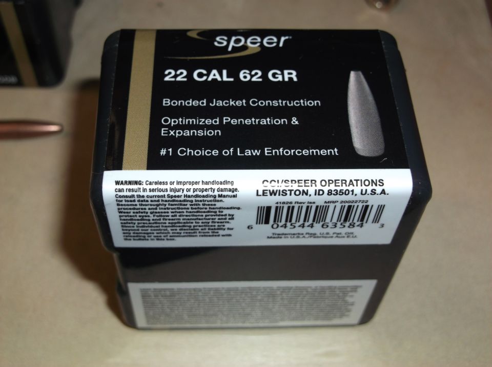 Box of Speer 22 Cal 62 GR bullets with warning label