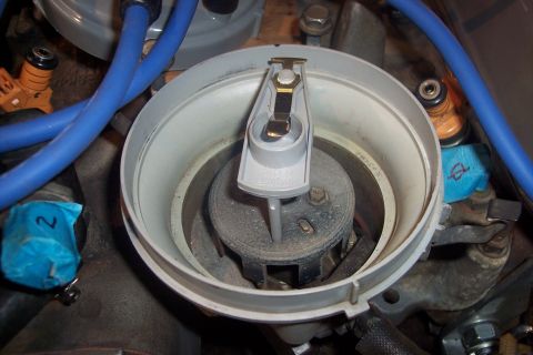 1995 Ford Bronco - Close-up view of an engine's distributor cap and rotor assembly, with associated fuel injectors and hoses visible.
