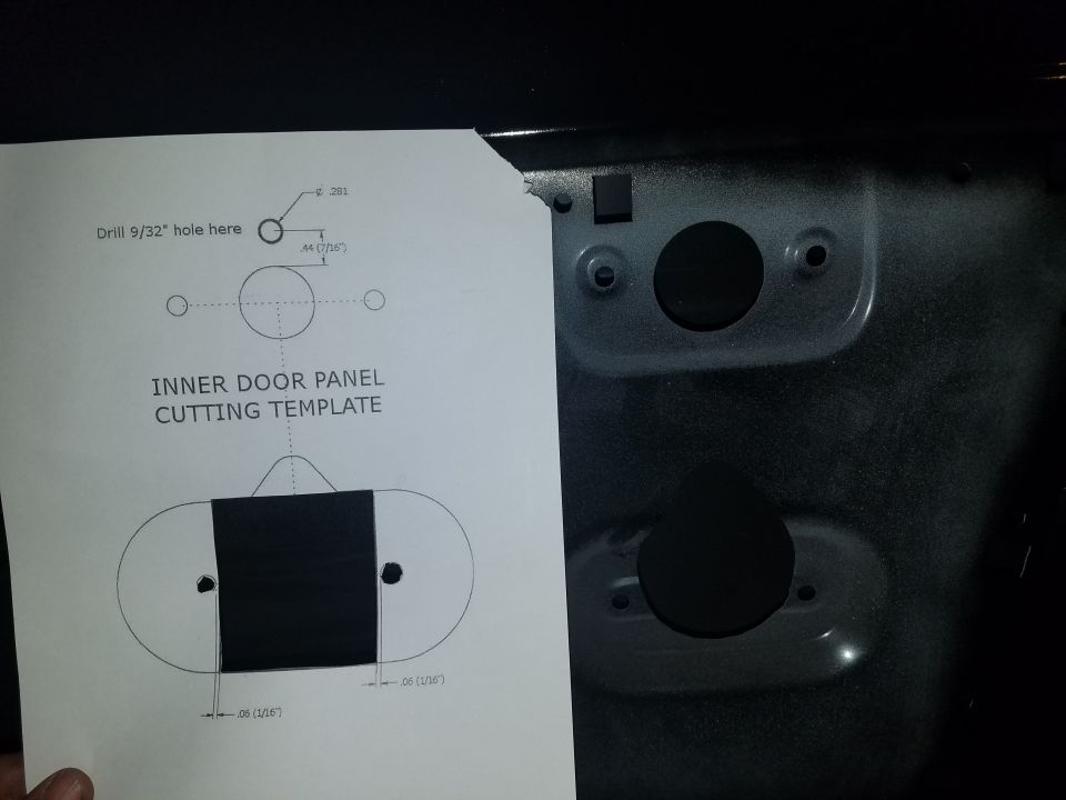 Inner door panel cutting template with a 9/32" drill hole mark, held against the inner door panel