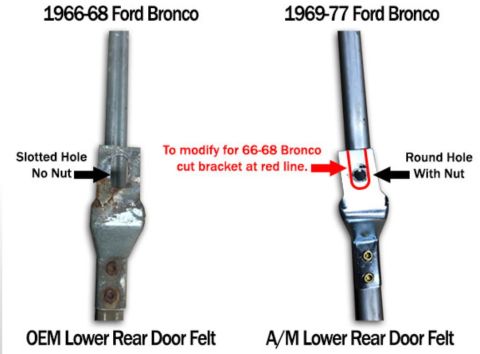 1968 Ford Bronco - Side-by-side photographs of OEM and aftermarket Ford Bronco door felt brackets with modification notes, not a technical diagram.