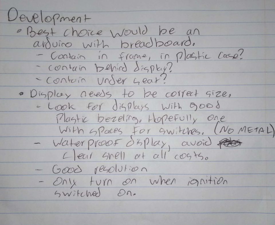 Handwritten notebook page of development notes about an Arduino breadboard display project