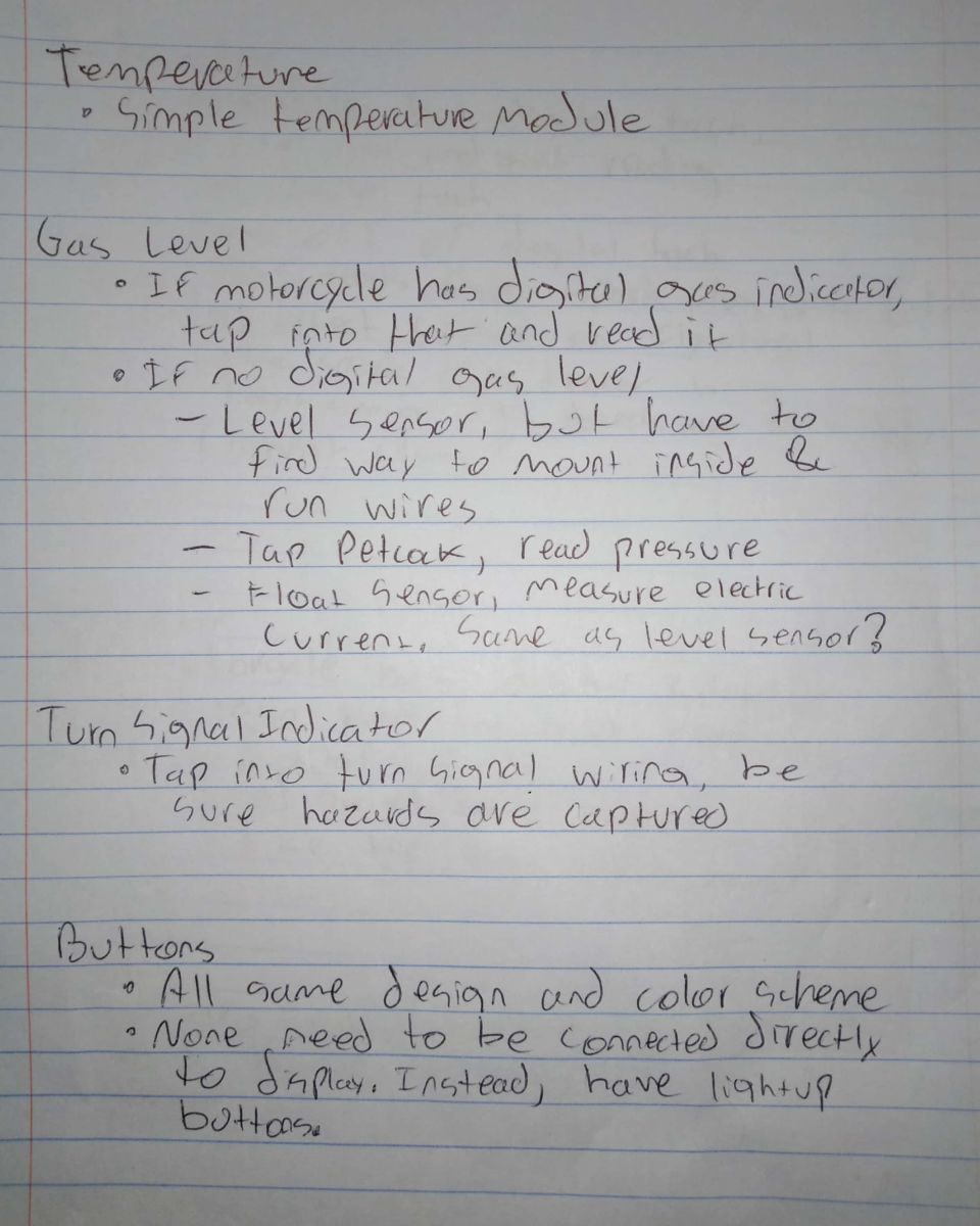 Handwritten project notes on lined paper about temperature, gas level, turn signal, and button design for a motorcycle display