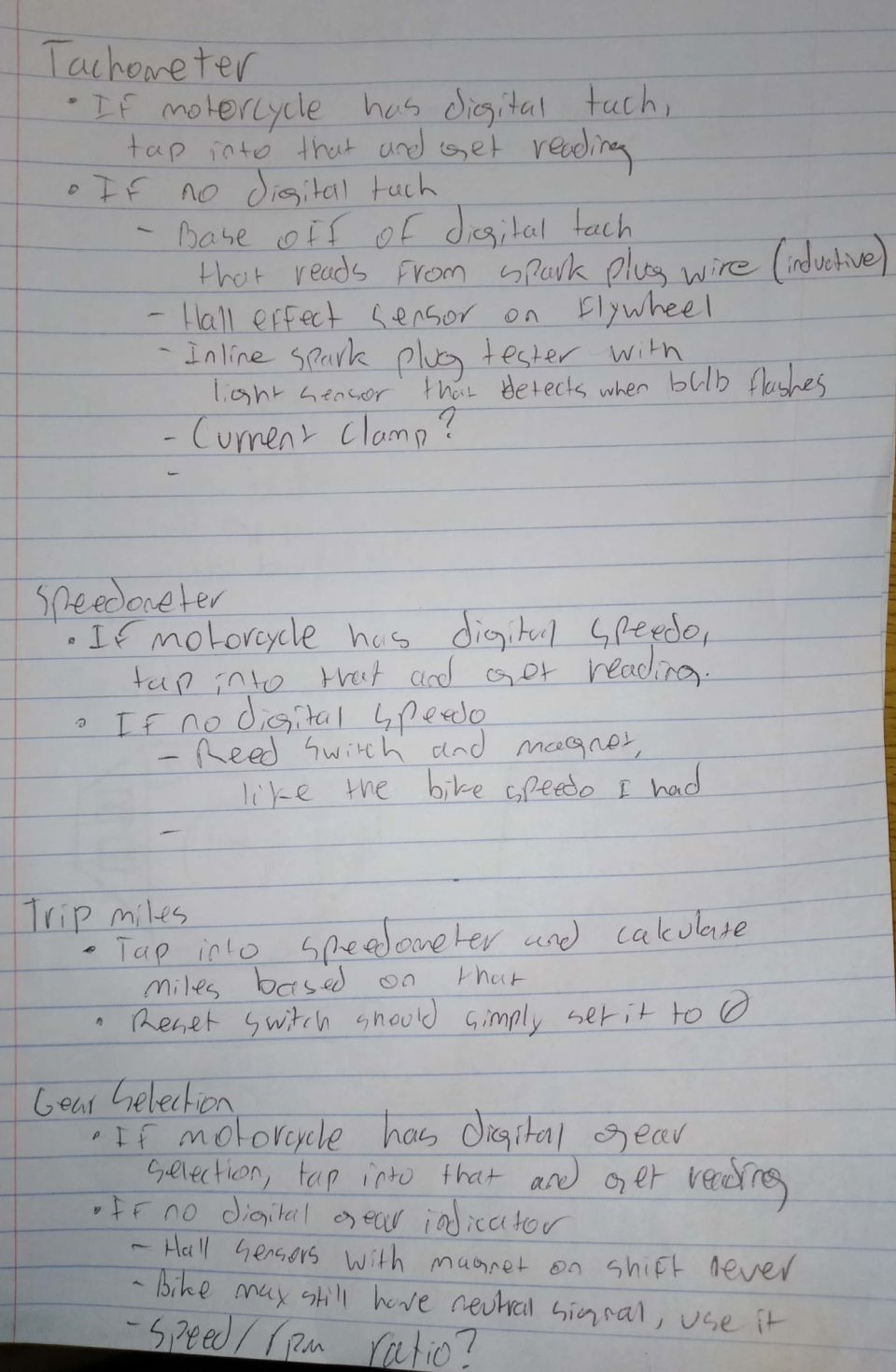 Handwritten notes listing tachometer, speedometer, trip miles, and gear indicator ideas for a motorcycle gauge project