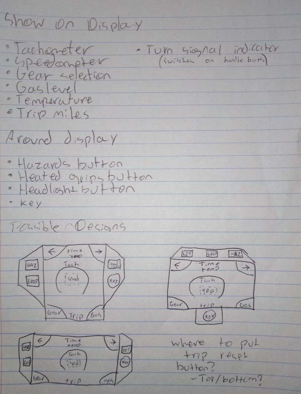Handwritten notes and sketches planning a custom motorcycle gauge display layout with tach, speed, gear, gas, and buttons