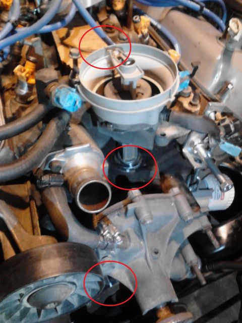 1995 Ford Bronco - Close-up of an engine's distributor cap and rotor assembly, with several parts circled in red.